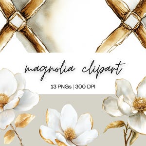 Magnolia Gold Clipart Bundle | Gold Floral Clipart, Metallic Flower, Magnolia Clipart, Wedding Clipart, Watercolor Clipart, Digital Download