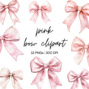 Puede incluir: Doce ilustraciones de acuarela de lazos rosas en varios estilos y tamaños. Los lazos están aislados sobre un fondo blanco. El texto "pink bow clipart 12 PNGs | 300 DPI" se muestra debajo de los lazos.