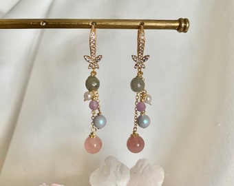 Sakura. Rose quartz and multi gemstone dangle earrings for everyday or special occasions. Pretty and lightweight dangle drop earrings