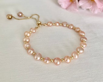 Dainty peach fresh water pearl adjustable bracelet for everyday or special occasions gift for bridesmaids gift for her under 22