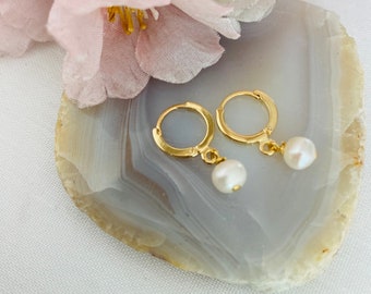 Dainty minimalist fresh water pearl mini hoop earrings for everyday gift for her