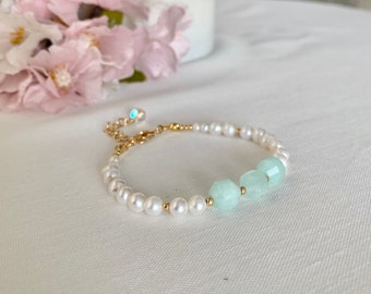 Mint clouds. Light minty green amazonite gemstone beads and fresh water pearls friendship bracelet gift for her under 28