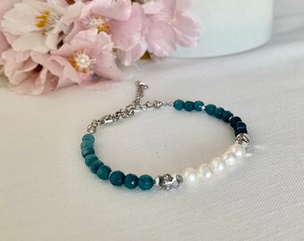 Blue lake. Dainty and pretty blue chalcedony and white fresh water pearl friendship bracelet for everyday gift for her under 28