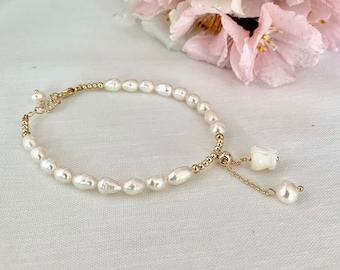 The tulip pearl beaded adjustable bracelet for everyday or special occasions. Wedding jewelry bridesmaids gift for her under 28