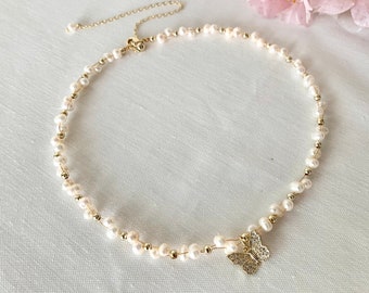 The butterfly necklace. Dainty and pretty natural fresh water pearl necklace for everyday or special occasions gift for her under 35