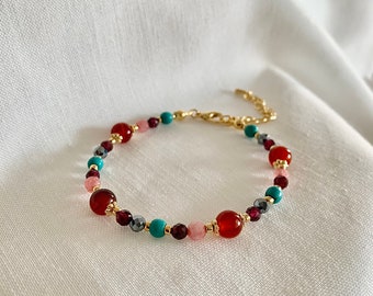 Reverie. Bohemian Collection. Multi color turquoise and carnelian gemstone adjustable beaded bracelet. Everyday adjustable bracelet.