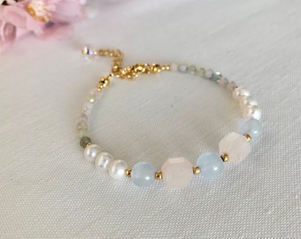 Cotton candy. Dainty and pretty Pastel Pink and powder blue friendship bracelet for everyday layering gift for her under 28