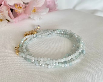 Tiny aquamarine gemstone 5 rounds wrap bracelet. Aquamarine Gemstone beaded bracelet gift for her under 40. Versatile bracelet and necklace