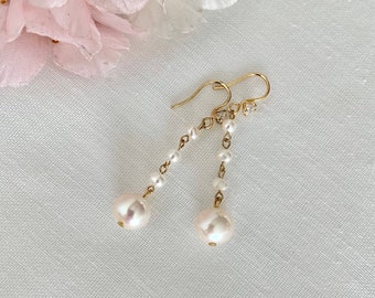 Snowy drop. Simple unique and dainty fresh water pearl dangle earrings for everyday or special occasions gift for her under 32