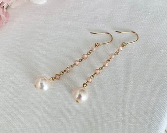 Snow Crystal drop. Dainty and unique fresh water pearl and cubic zircon dangle earrings for everyday or special occasions gift for her