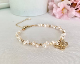 The butterfly pearl adjustable bracelet for everyday or special occasions. Wedding or bridal jewelry gift for bridesmaids under 32