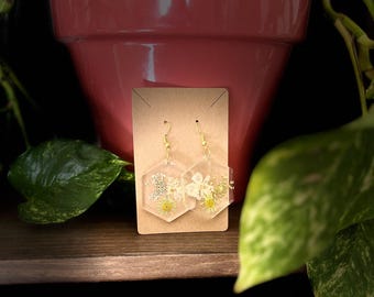 Clear Delicate Hexagon Floral Resin Earrings