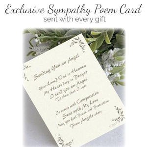 May include: A sympathy poem card with a white background and gray text. The card features a poem about sending an angel to show compassion and love. The text reads: "Sending You an Angel Your Loved One in Heaven My Heart deep in Prayer I send you an Angel To show that I care It comes with Compassion Sent with My Love May you feel Peace and Protection From Angels above &copy;2017"