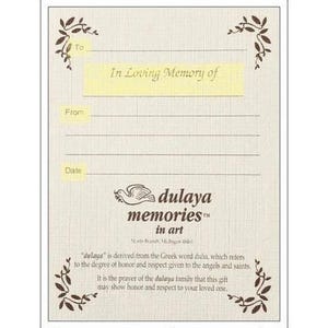 May include: A beige card with a floral design and the text "Dedication Card". The card has spaces to fill in the name of the recipient, the sender, and the date. The card also includes the text "In Loving Memory of" and the logo for "dulaya memories in art".