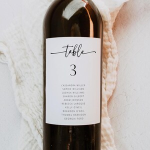 Può includere: Una bottiglia di vino in vetro scuro con un'etichetta rettangolare bianca che riporta il testo Table 3 in un mix di caratteri corsivi e serif, seguito da un elenco di nomi tra cui Cassandra Miller, Sophie Williams e Joshua Williams.