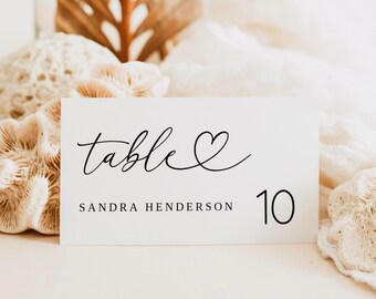 Plantilla moderna y editable para tarjetas de lugar, tarjetas imprimibles para nombres de mesas de invitados a bodas, tarjetas minimalistas para números de mesa, descarga instantánea, hazlo tú mismo.