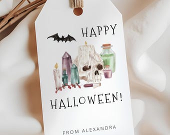 Redigerbar mall för Halloween-godispåsetikett, utskrivbara Halloween-festfavoritetiketter, direktnedladdning, bus eller godis, etikett för läskig säsong, gör-det-själv