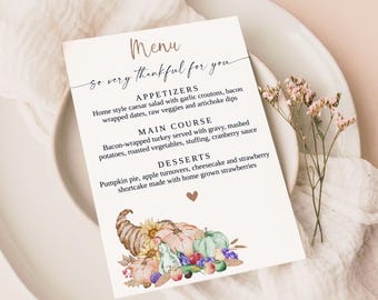 Menusjabloon Thanksgiving-diner, afdrukbare herfstmenukaarten, bewerkbaar herfstmenu, lang menu 4 x 9, direct downloaden, DIY