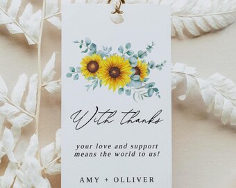 SADIE Sunflower Gift Tag Template, Editable Wedding Favor Tags, Printable Custom Shower Basket Tags, Sunflower Tags, Instant Download, DIY