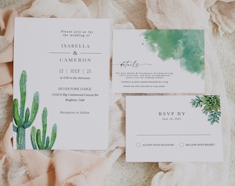Könnte beinhalten: Ein Hochzeitseinladungsset bestehend aus einer Hauptkarte mit Aquarell-Kaktus-Illustration, einer Detailkarte mit grünem Aquarellverlauf und einer RSVP-Karte mit Sukkulenten-Grafik. Der Text enthält die Namen Isabella und Cameron.