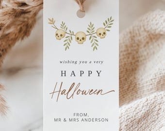 Redigerbar mall för Happy Halloween-presentetiketter, utskrivbara anpassade etiketter för bus eller godis, moderna kusliga presentetiketter, direktnedladdning, gör-det-själv