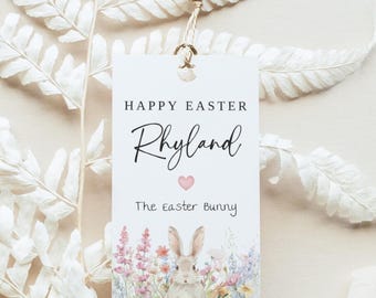Étiquette cadeau personnalisée « Joyeuses Pâques », modèle modifiable, étiquette lapin de Pâques à imprimer, téléchargement instantané, étiquette pour panier de friandises, à faire soi-même
