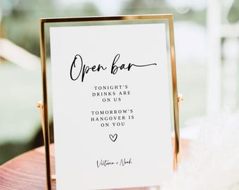 EVE Minimalist Wedding Open Bar Table Sign Template, Printable Modern Reception Bar Signs, Custom Event Signage, Instant Download, DIY