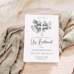 Bewerkbare sjabloon voor bevestiging uitnodiging, afdrukbare aquarel botanische kruis uitnodiging, Instant Download, doopkaart, DIY