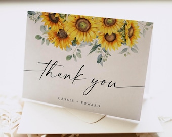 SADIE Bearbeitbare Dankeskartenvorlage, druckbare Sonnenblume Hochzeitsbevorzugung Geschenknachricht, Babyparty Dankeskarten, sofortiger Download, DIY