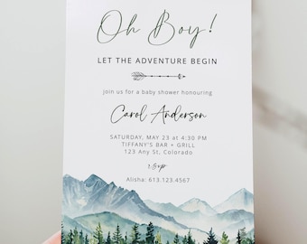 Può includere: Invito per baby shower con il testo "Oh Boy! Let the Adventure Begin." L'invito presenta una scena di montagna e foresta ad acquerello nei toni del verde e del blu. I dettagli includono il nome dell'onorato, la data, l'ora e il luogo.