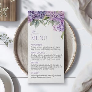 Modèle modifiable de menu de mariage lilas signature, carte de table imprimable pour le menu du dîner, fleurs aquarelles, cartes de menu détaillées, téléchargement immédiat, bricolage
