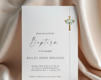 Minimal Baptism Invitation Card Template, Editable Modern Christening Invite, Simple Soft Printable Ivory Christening Celebration Card, DIY