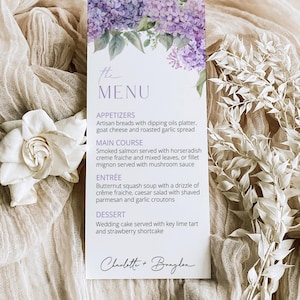 Signature Lilac Wedding Menu Editable Template, Printable Dinner Menu Table Card, Watercolor Florals, Long Menu Cards, Instant Download, DIY
