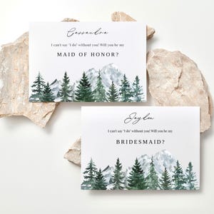 Plantilla editable de tarjeta de propuesta de dama de honor BELLA, tarjetas de propuesta de dama de honor imprimibles, montañas de acuarela, descarga instantánea, bricolaje