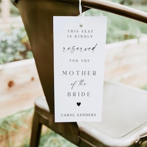 Bewerkbare minimalistische tagsjabloon zitplaatsen, afdrukbare elegante bruiloft stoeltags, gereserveerde stoel voor bruid en bruidegom kaart, direct downloaden, DIY