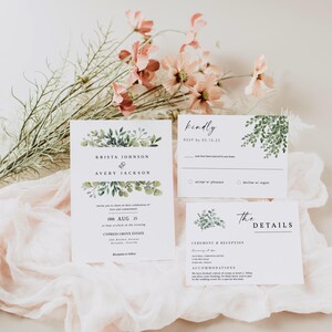 Suite d'invitations verdure mariage minimal EDITH, modèle modifiable, détails botaniques imprimables et invitation de cartes RVSP, téléchargement immédiat, bricolage
