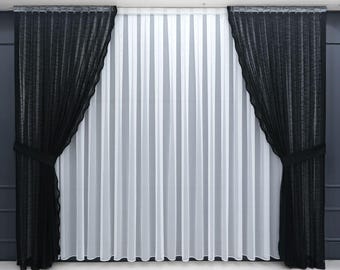 Rideau noir, ensemble complet avec rideau blanc, rideau prêt à poser, rideau de haute qualité, rideau turc, tulle turc