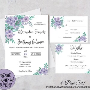 Editable Lavender Floral Wedding Set, Wedding Invitation Template, RSVP, Thank You Card, Printable, WED01