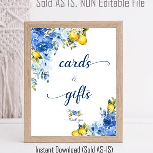 Cartello regalo per la festa nuziale con fiori blu e limone Cartello da tavolo con biglietti e regali floreali blu Modello digitale Download immediato MSB01