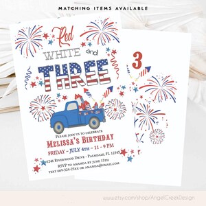 Editable 4th of July Birthday Invitation 3rd Birthday Invitation July 4th Printable Invitation Red White and Three Drive By Invite JLA3