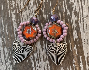 Orange and Purple Celestial Earrings - Sunburst Earrings - Bead Soup Jewelry