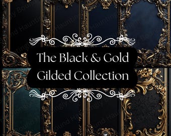 May include: The Black & Gold Gilded Collection. A collage of ornate black and gold frames with intricate floral and scrollwork designs. The frames have dark backgrounds and are arranged in a grid.