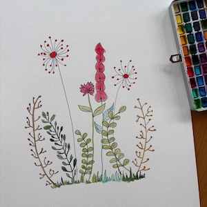Original watercolor in fine lines 36 x 48 cm - Botanical fantasy, floral wall decoration, hand-painted, unique