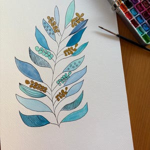 Blue Foliage - Original Watercolor 24 x 36 cm - with gold accents, Delicate botanical art, hand-painted, unique