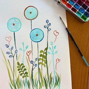 Blue Summer Meadow - Original Watercolor 24 x 36 cm - with copper details, Playful botanical art, hand-painted, unique