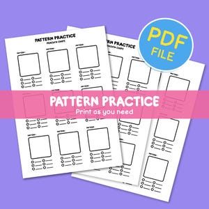 May include: Printable pattern practice worksheet with the title "Pattern Practice: Peach'n Chips" and the text "Print as you need". The worksheet has multiple sections with blank squares and rows of circles for creating patterns.