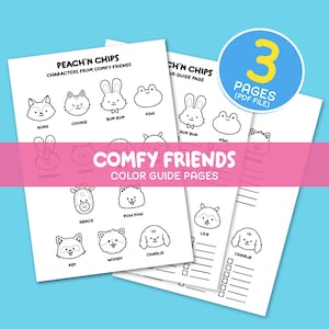 Op de afbeelding: Drie zwart-witte, printbare kleurplaten met personages uit de Comfy Friends-tekenfilmserie. De pagina's bevatten de tekst "Peach'n Chips" en "Comfy Friends Color Guide Pages".