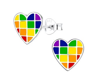 Rainbow Earrings - Rainbow Jewelry - Heart Stud Earrings - Sterling Silver Stud Earrings