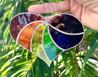 Stained glass heart rainbow pride suncatcher