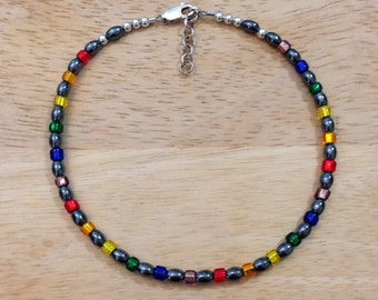 Rainbow Anklet - Rainbow Jewelry - Hematite Jewelry - Hematite Anklet - Silver Anklet